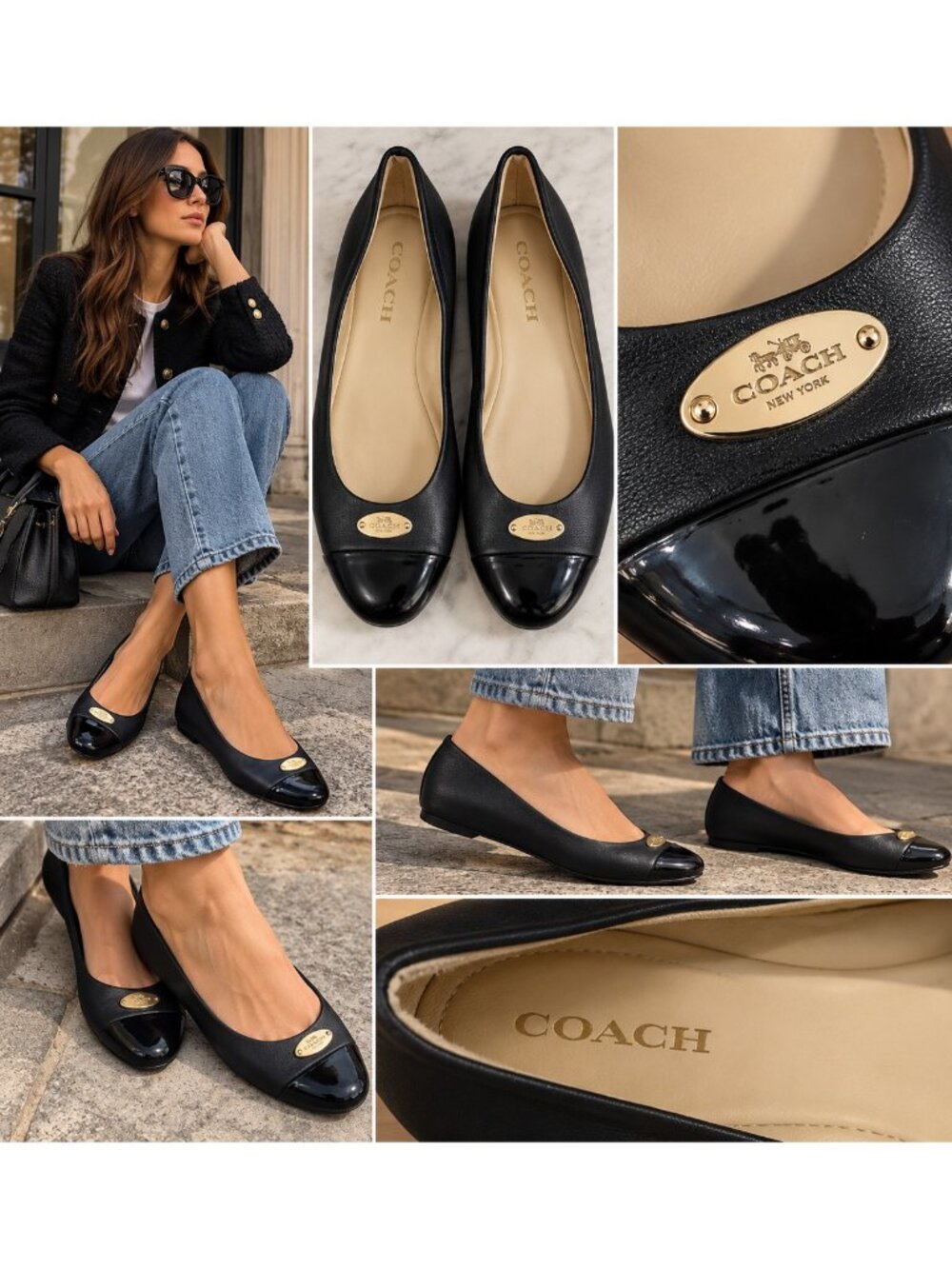 COACH Black Leather Patent Cap Toe Ballet Flats Gold Logo Size 10B